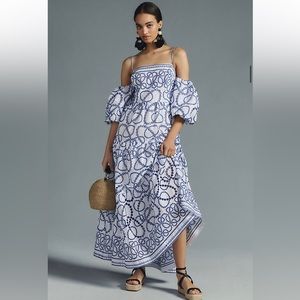 Anthropologie $398 Puff Sleeve Eyelet Dress White/Blue Sz XS